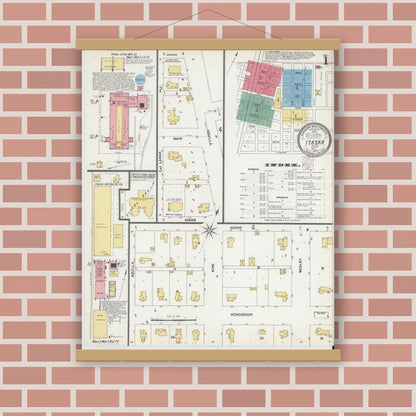 Old map wall art mockup — magnetic wood frame on brick wall — Sanborn Fire Insurance Map from Itasca, Hill County, Texas (1902), Sheet #0001