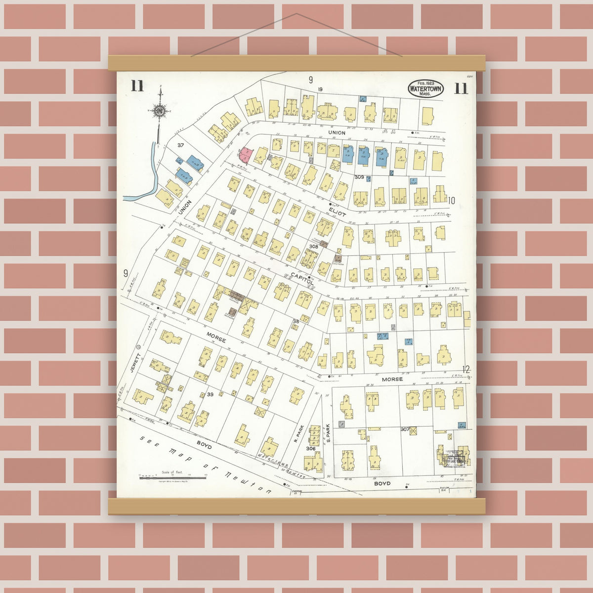 Old map wall art mockup — magnetic wood frame on brick wall — Sanborn Fire Insurance Map from Watertown, Middlesex County, Massachusetts (1923), Sheet #0011