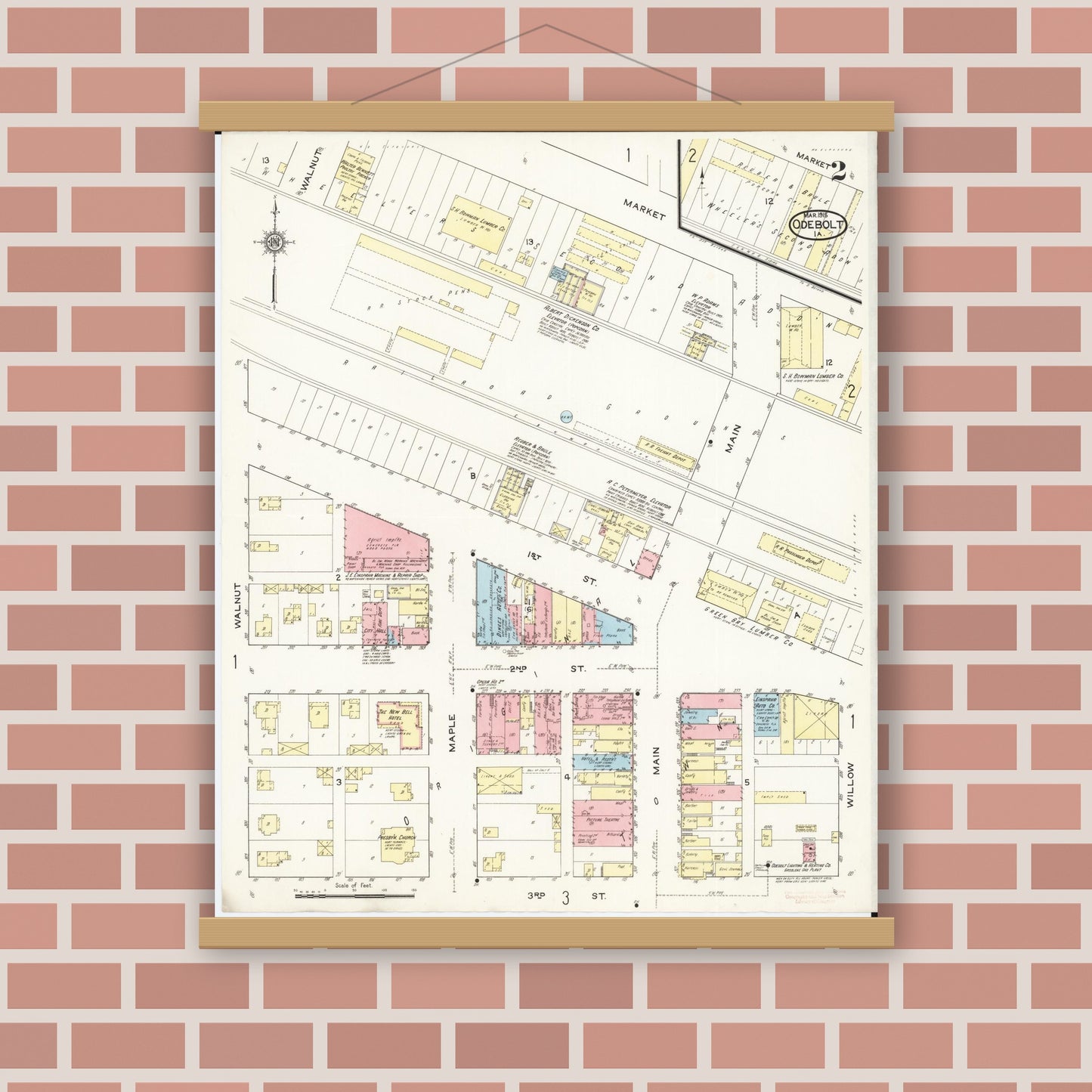 Old map wall art mockup — magnetic wood frame on brick wall — Sanborn Fire Insurance Map from Odebolt, Sac County, Iowa (1915), Sheet #0002