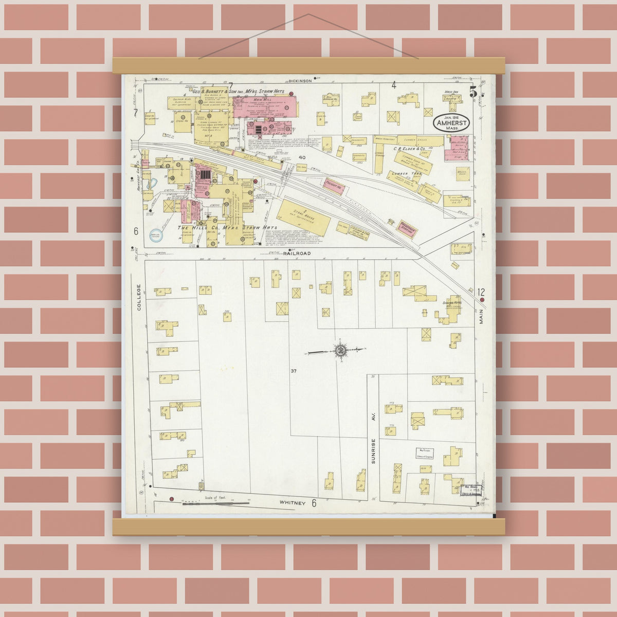 Old map wall art mockup — magnetic wood frame on brick wall — Sanborn Fire Insurance Map from Amherst, Hampshire County, Massachusetts (1916), Sheet #0005