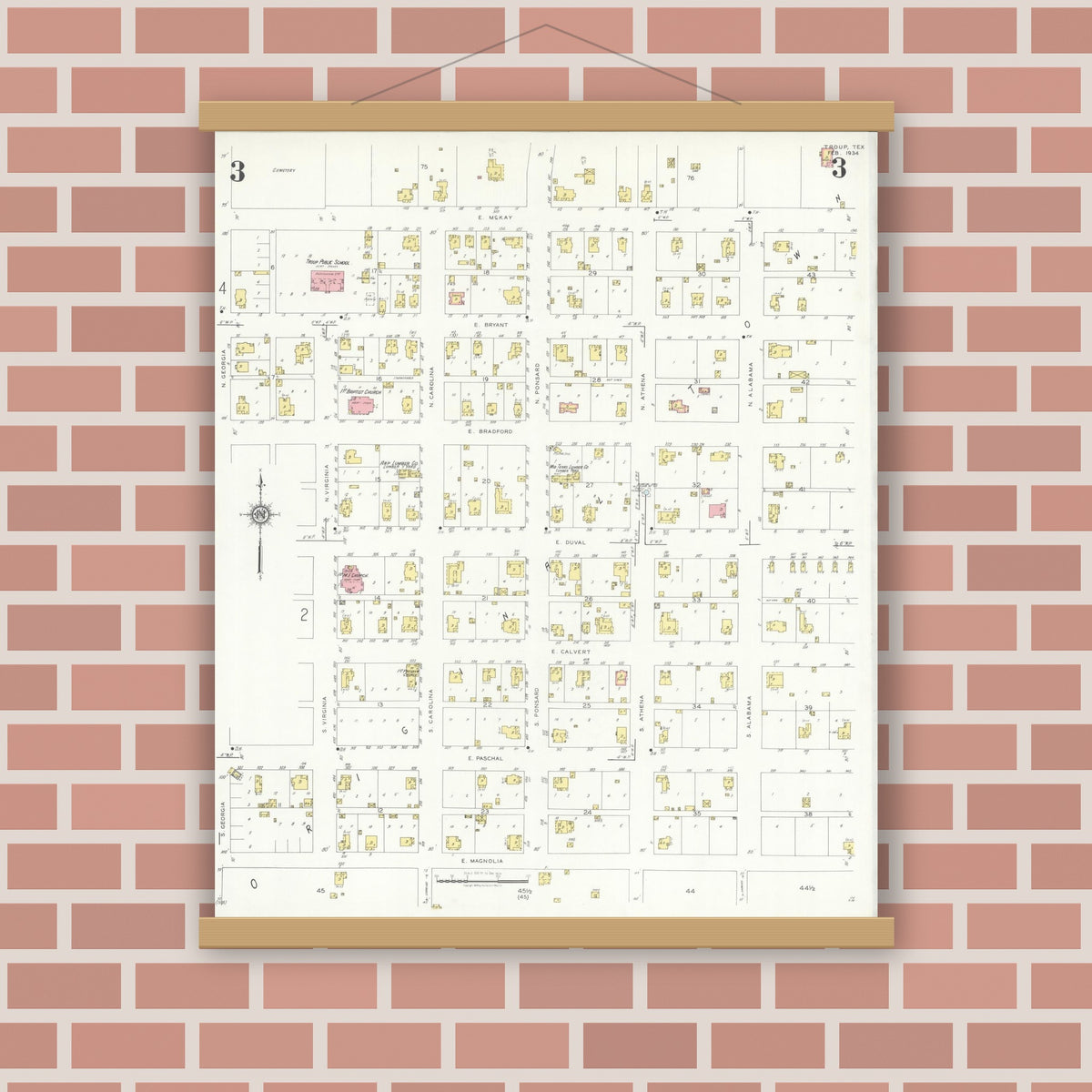 Old map wall art mockup — magnetic wood frame on brick wall — Sanborn Fire Insurance Map from Troup, Smith County, Texas (1934), Sheet #0003