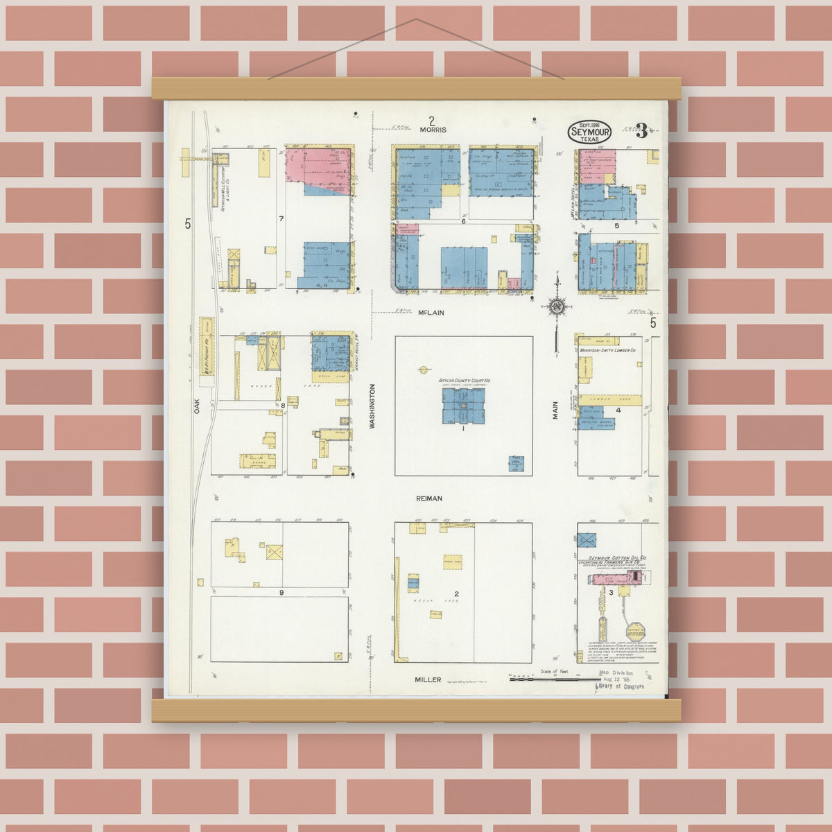 Old map wall art mockup — magnetic wood frame on brick wall — Sanborn Fire Insurance Map from Seymour, Baylor County, Texas (1916), Sheet #0003