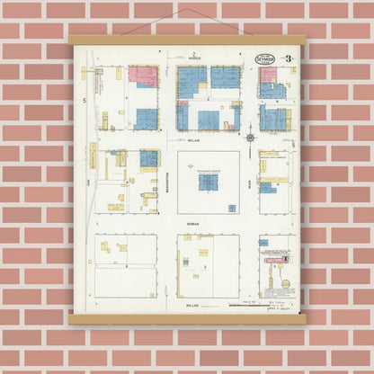 Old map wall art mockup — magnetic wood frame on brick wall — Sanborn Fire Insurance Map from Seymour, Baylor County, Texas (1916), Sheet #0003