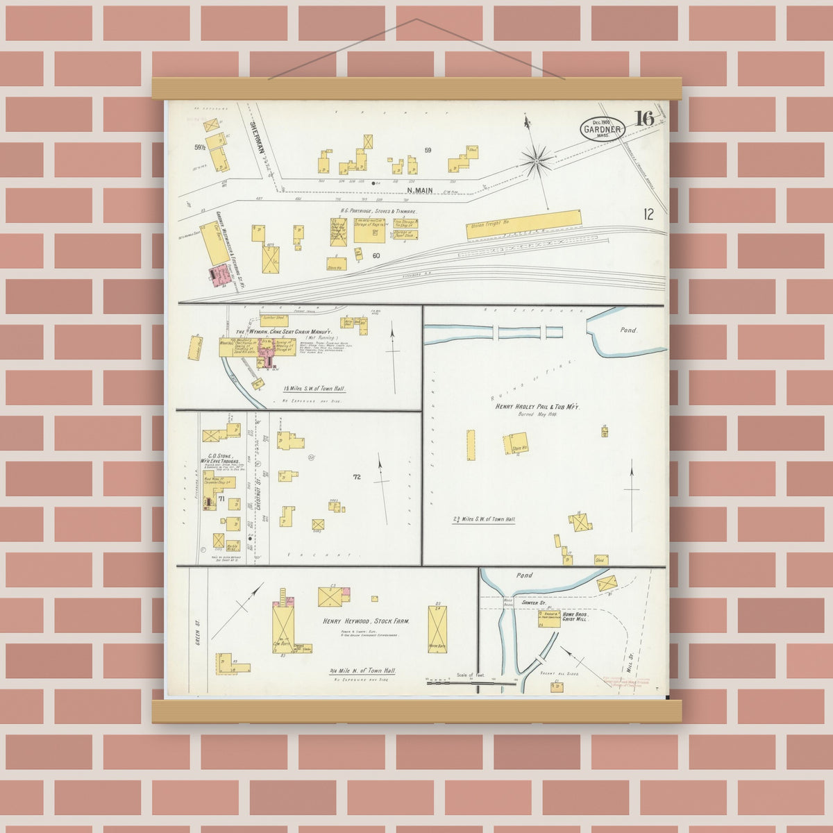 Old map wall art mockup — magnetic wood frame on brick wall — Sanborn Fire Insurance Map from Gardner, Worcester County, Massachusetts (1900), Sheet #0016