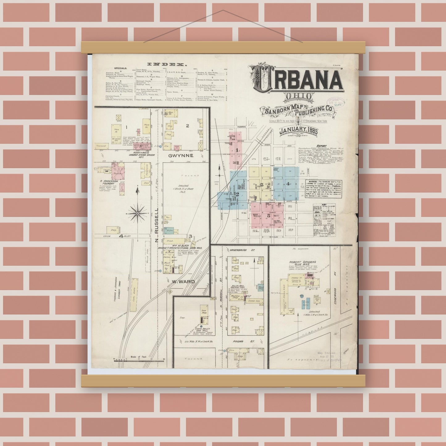 Old map wall art mockup — magnetic wood frame on brick wall — Sanborn Fire Insurance Map from Urbana, Champaign County, Ohio (1885), Sheet #0001
