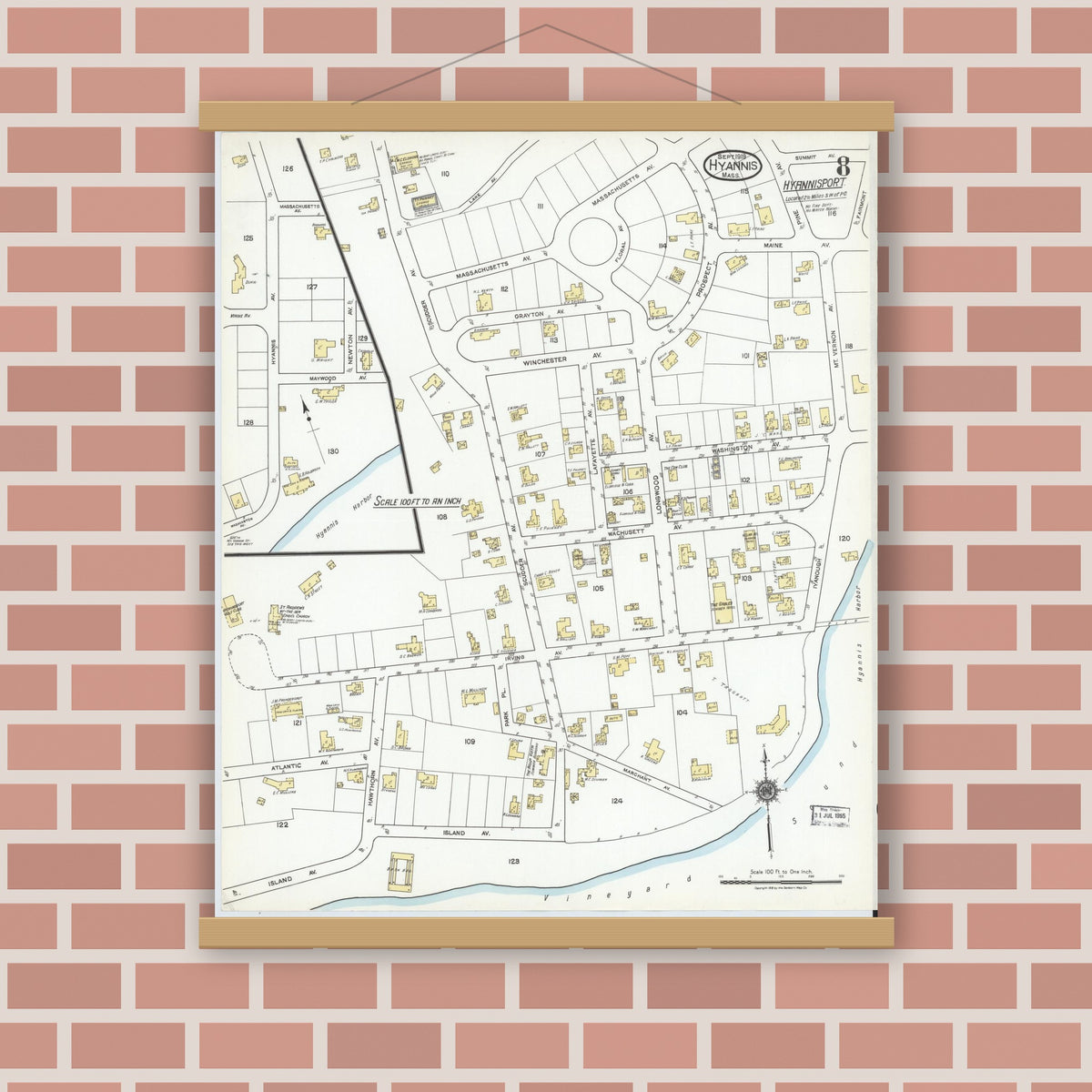 Old map wall art mockup — magnetic wood frame on brick wall — Sanborn Fire Insurance Map from Hyannis, Barnstable County, Massachusetts (1919), Sheet #0008