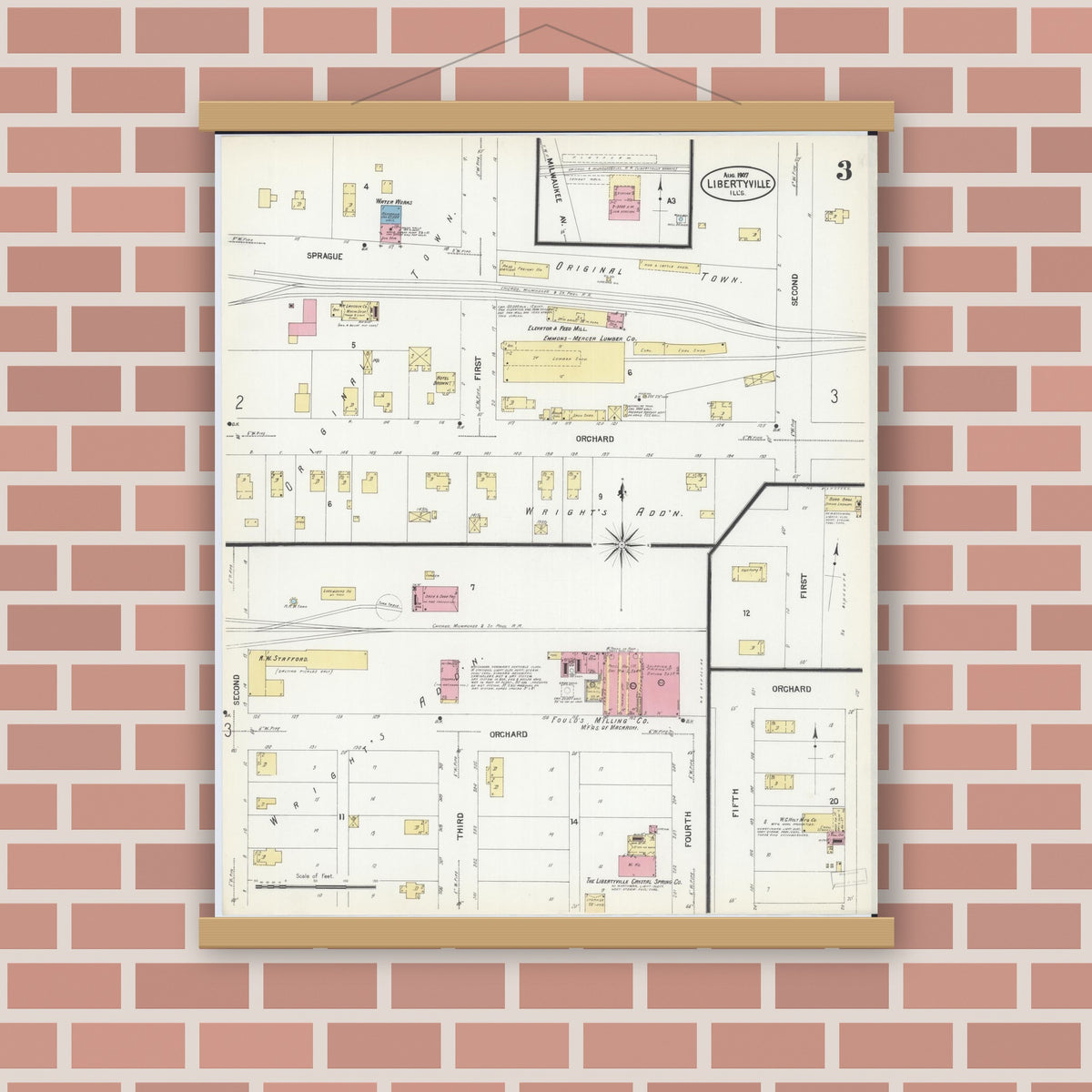 Old map wall art mockup — magnetic wood frame on brick wall — Sanborn Fire Insurance Map from Libertyville, Lake County, Illinois (1907), Sheet #0003