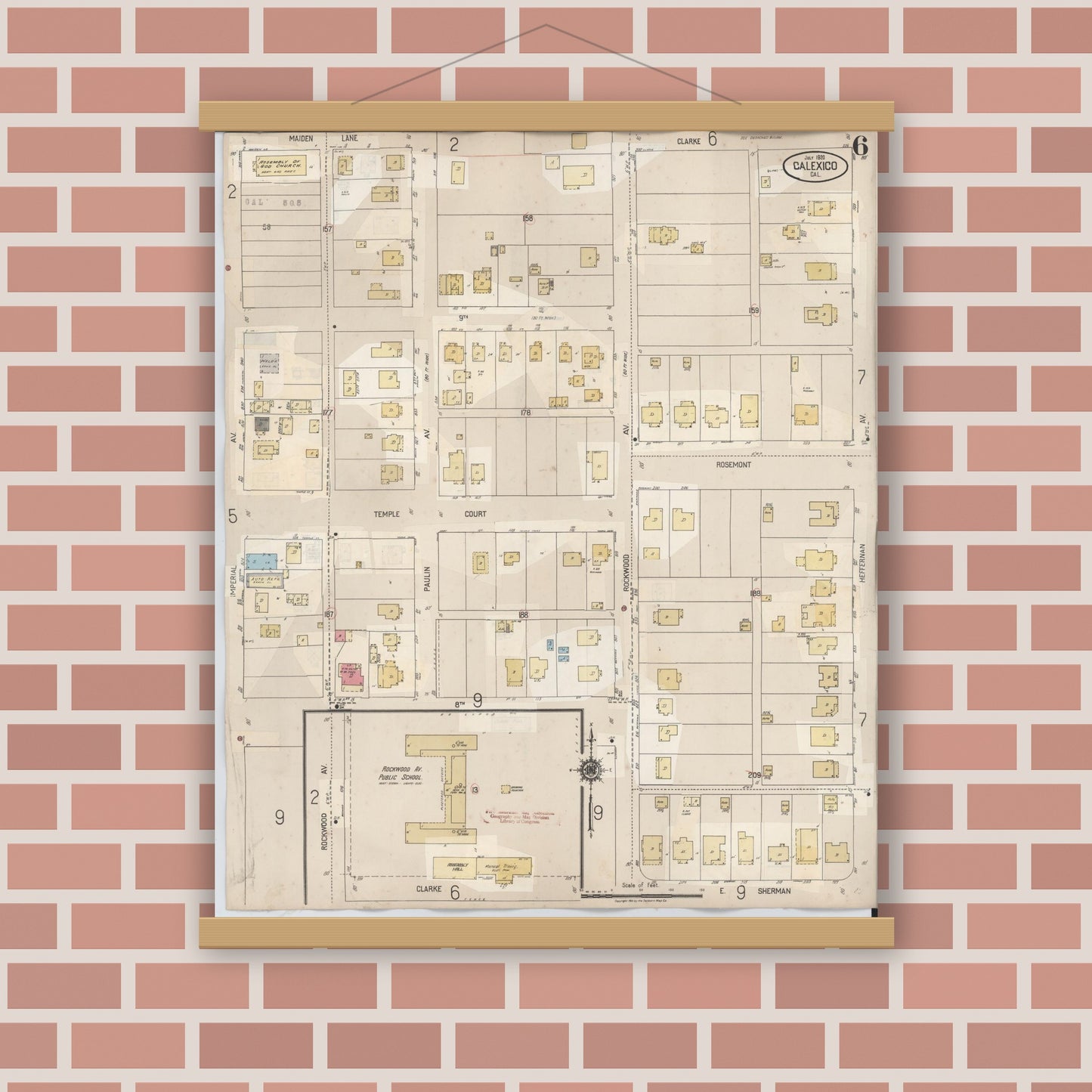 Old map wall art mockup — magnetic wood frame on brick wall — Sanborn Fire Insurance Map from Calexico, Imperial County, California (1949), Sheet #0006