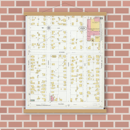 Old map wall art mockup — magnetic wood frame on brick wall — Sanborn Fire Insurance Map from Adrian, Lenawee County, Michigan (1899), Sheet #0013