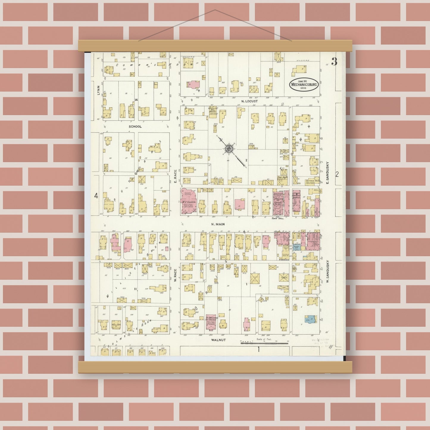 Old map wall art mockup — magnetic wood frame on brick wall — Sanborn Fire Insurance Map from Mechanicsburg, Champaign County, Ohio (1911), Sheet #0003