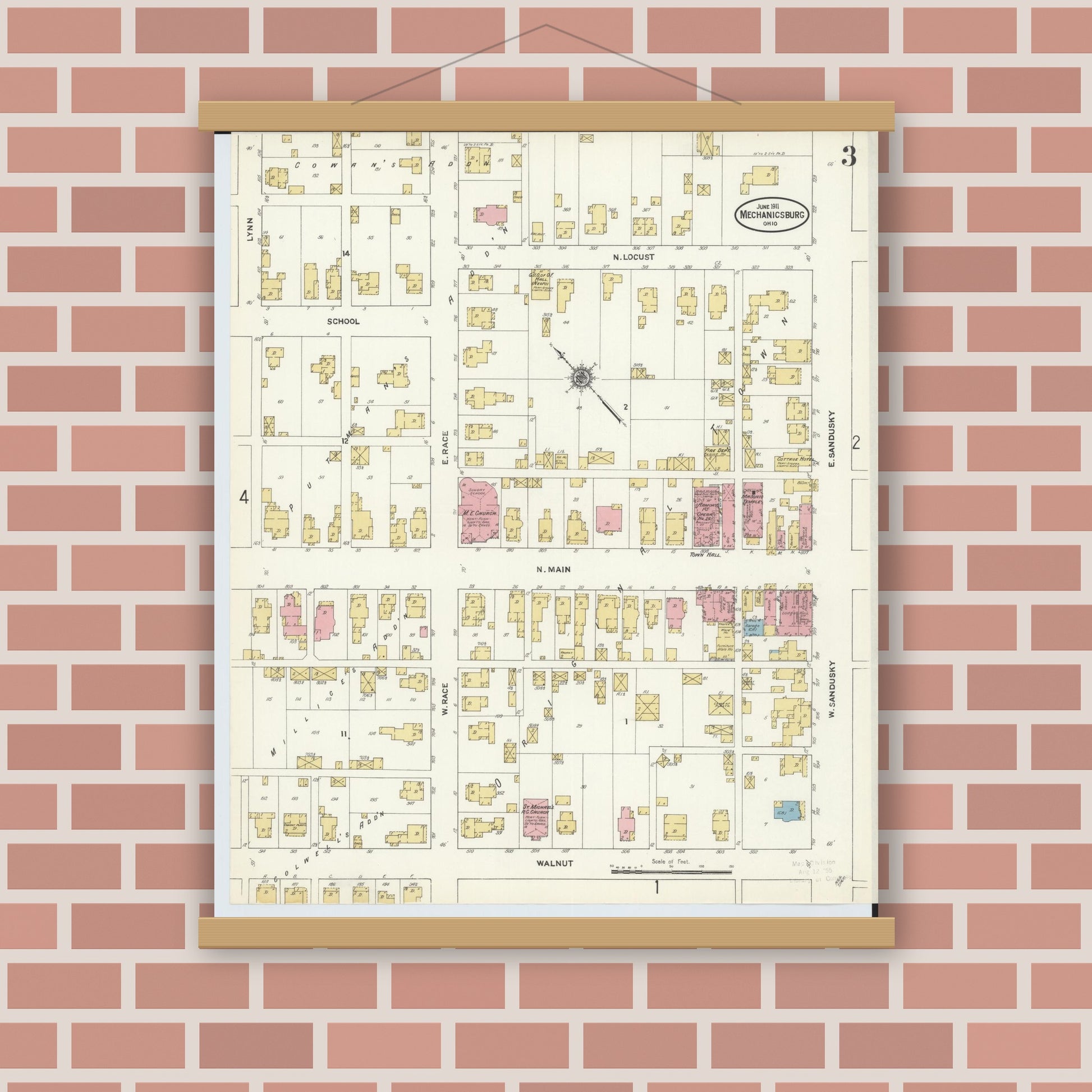Old map wall art mockup — magnetic wood frame on brick wall — Sanborn Fire Insurance Map from Mechanicsburg, Champaign County, Ohio (1911), Sheet #0003