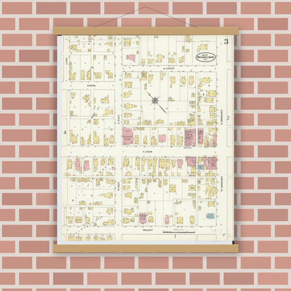 Old map wall art mockup — magnetic wood frame on brick wall — Sanborn Fire Insurance Map from Mechanicsburg, Champaign County, Ohio (1911), Sheet #0003