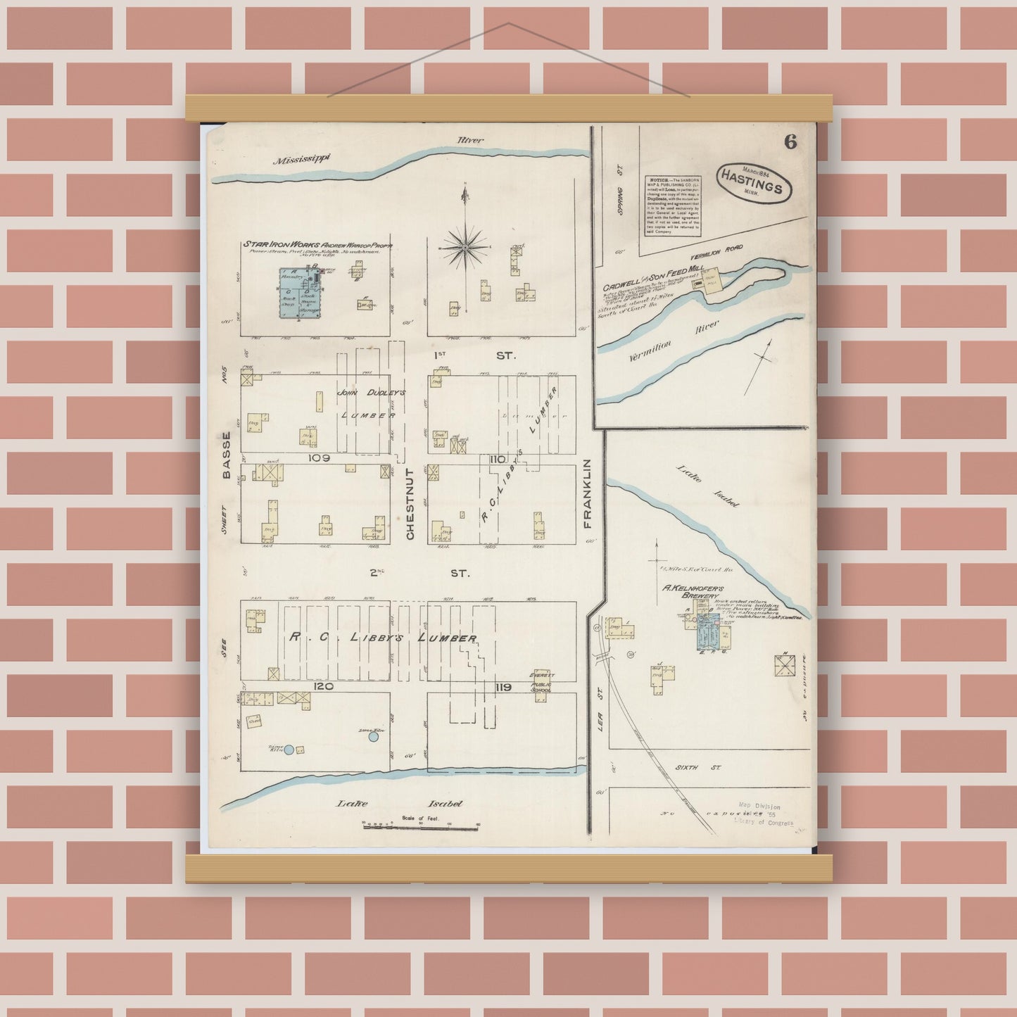 Old map wall art mockup — magnetic wood frame on brick wall — Sanborn Fire Insurance Map from Hastings, Dakota County, Minnesota (1884), Sheet #0006