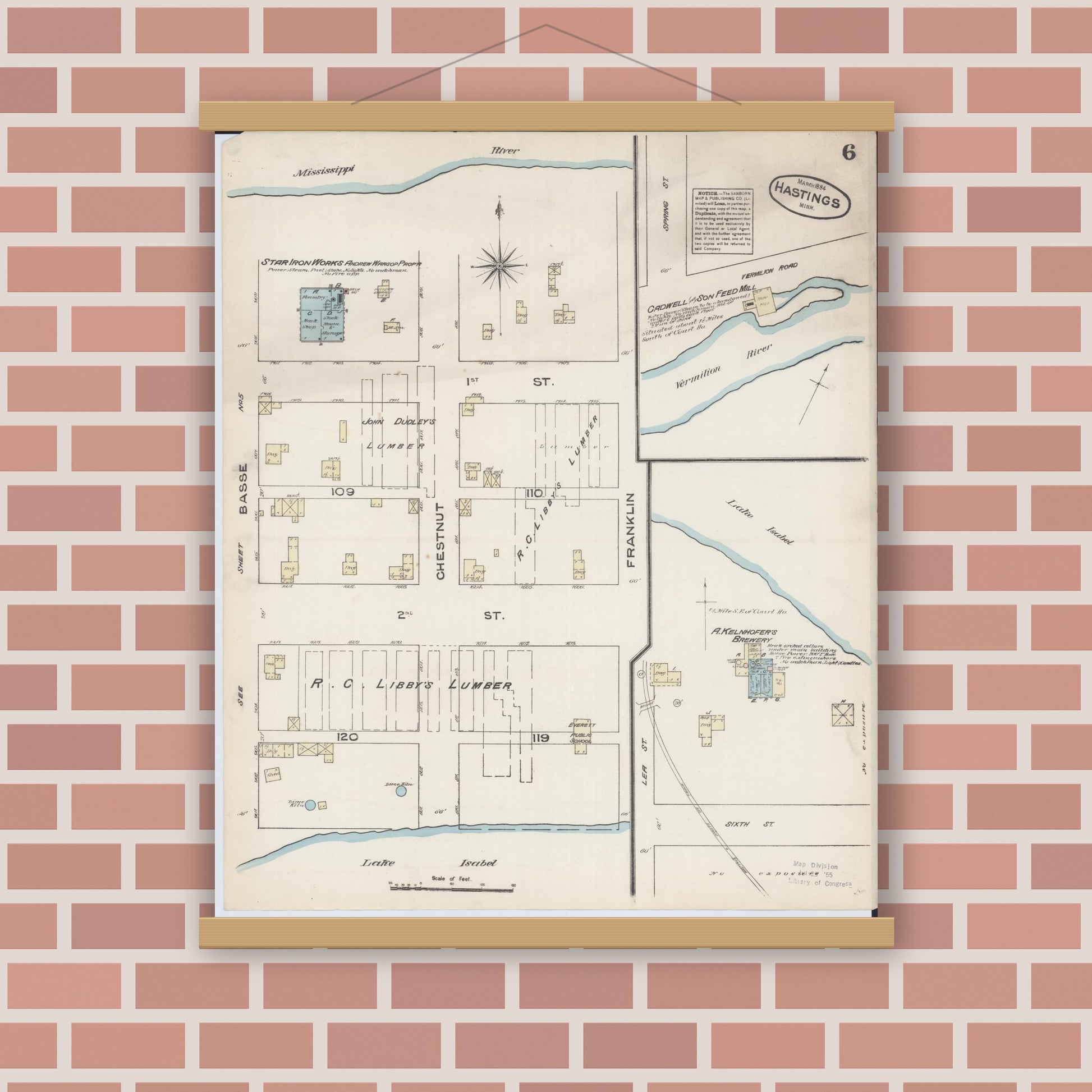 Old map wall art mockup — magnetic wood frame on brick wall — Sanborn Fire Insurance Map from Hastings, Dakota County, Minnesota (1884), Sheet #0006