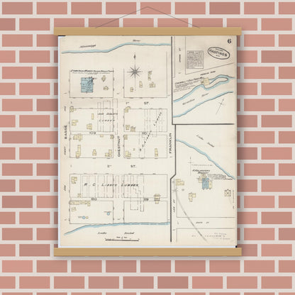 Old map wall art mockup — magnetic wood frame on brick wall — Sanborn Fire Insurance Map from Hastings, Dakota County, Minnesota (1884), Sheet #0006