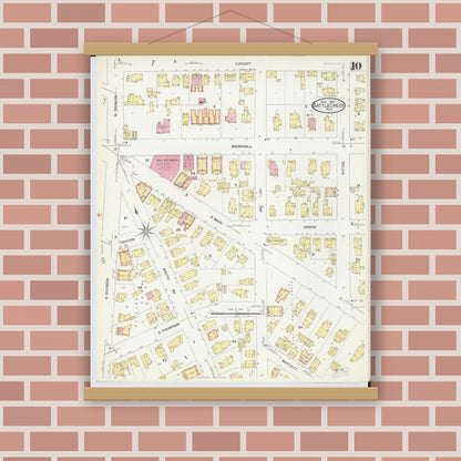 Old map wall art mockup — magnetic wood frame on brick wall — Sanborn Fire Insurance Map from Battle Creek, Calhoun County, Michigan (1907), Sheet #0010
