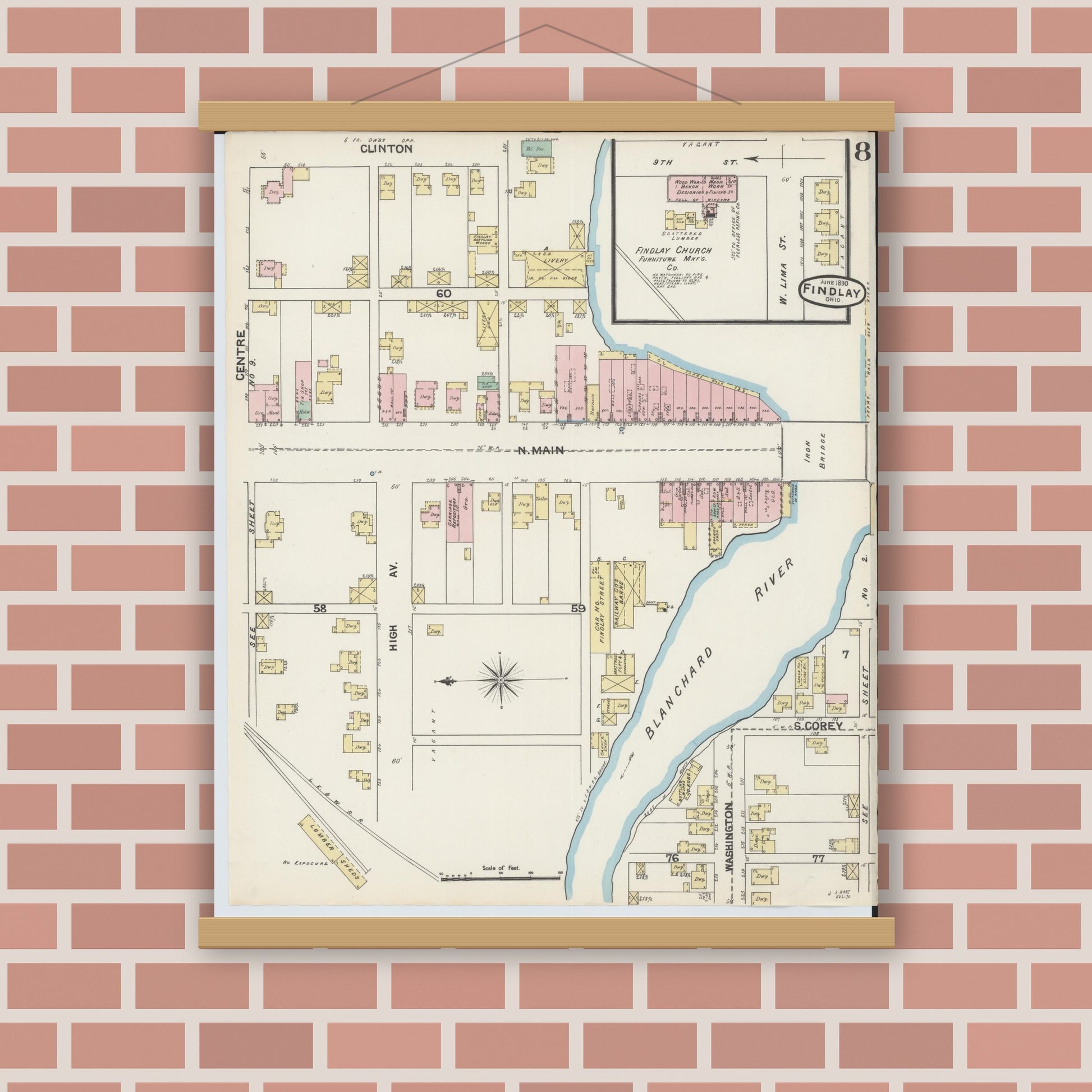 Old map wall art mockup — magnetic wood frame on brick wall — Sanborn Fire Insurance Map from Findlay, Hancock County, Ohio (1890), Sheet #0008