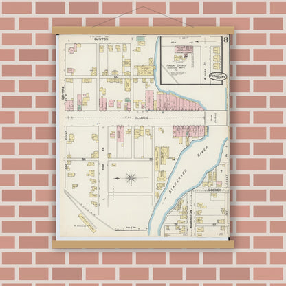 Old map wall art mockup — magnetic wood frame on brick wall — Sanborn Fire Insurance Map from Findlay, Hancock County, Ohio (1890), Sheet #0008