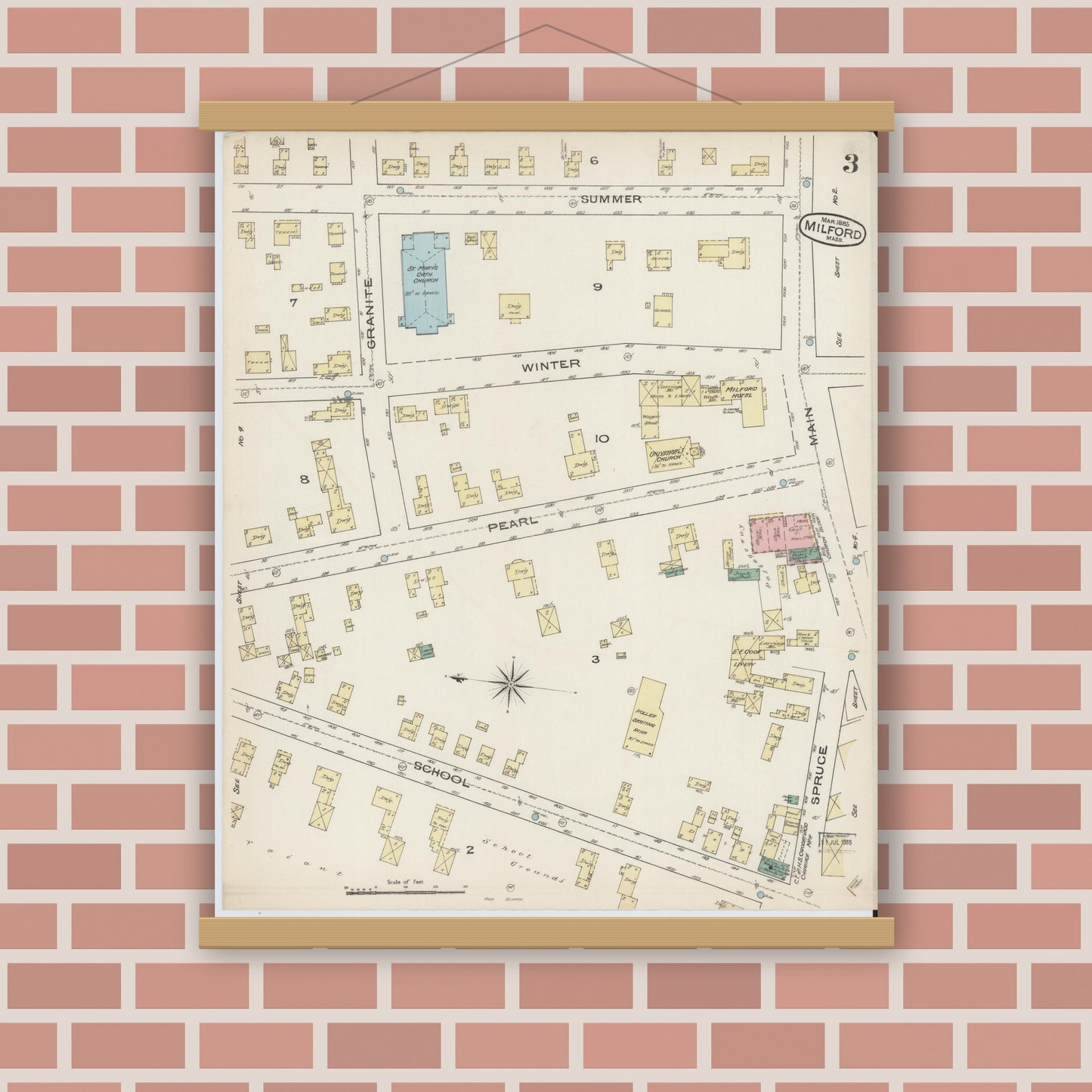 Old map wall art mockup — magnetic wood frame on brick wall — Sanborn Fire Insurance Map from Milford, Worcester County, Massachusetts (1885), Sheet #0003