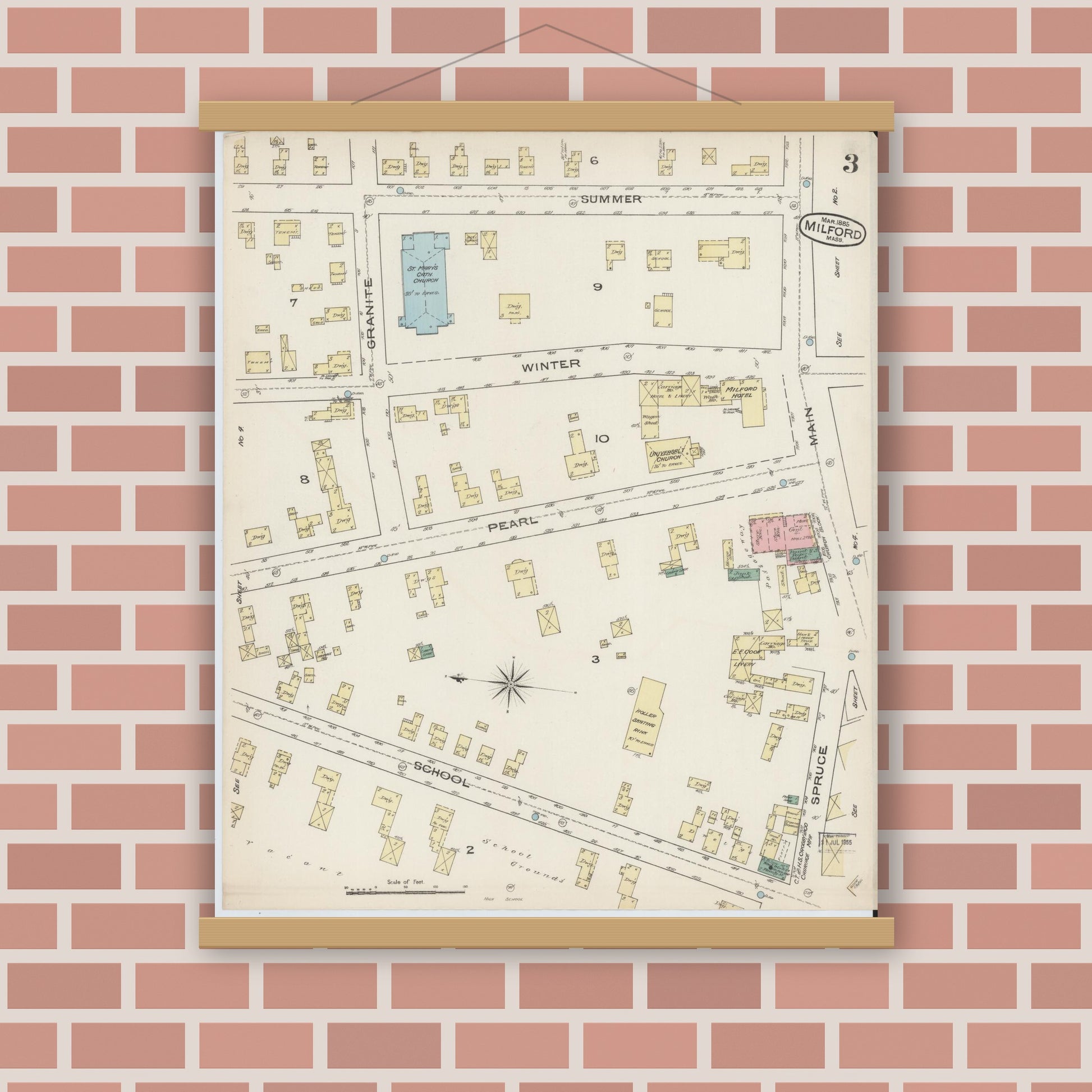 Old map wall art mockup — magnetic wood frame on brick wall — Sanborn Fire Insurance Map from Milford, Worcester County, Massachusetts (1885), Sheet #0003