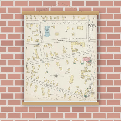 Old map wall art mockup — magnetic wood frame on brick wall — Sanborn Fire Insurance Map from Milford, Worcester County, Massachusetts (1885), Sheet #0003