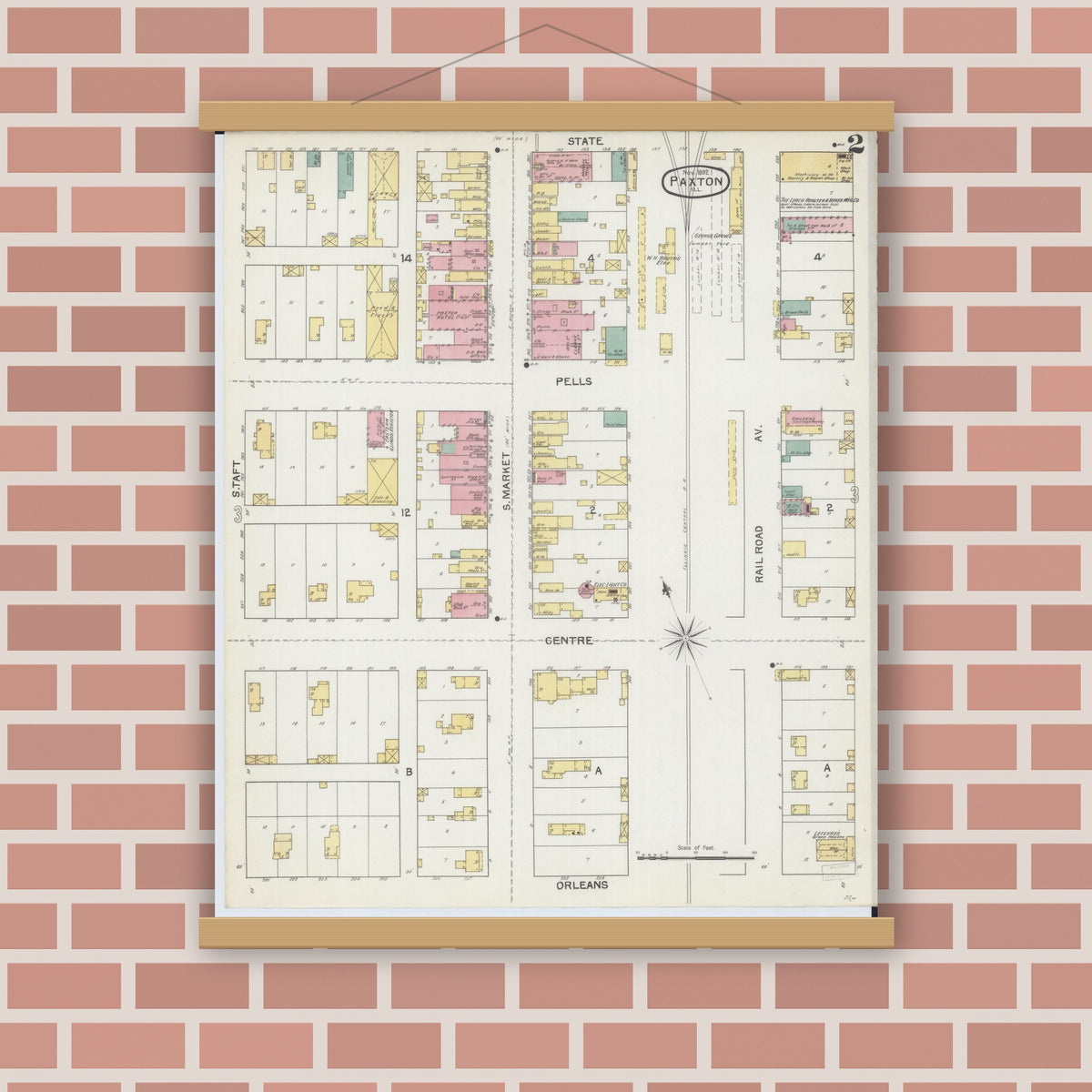 Old map wall art mockup — magnetic wood frame on brick wall — Sanborn Fire Insurance Map from Paxton, Ford County, Illinois (1892), Sheet #0002