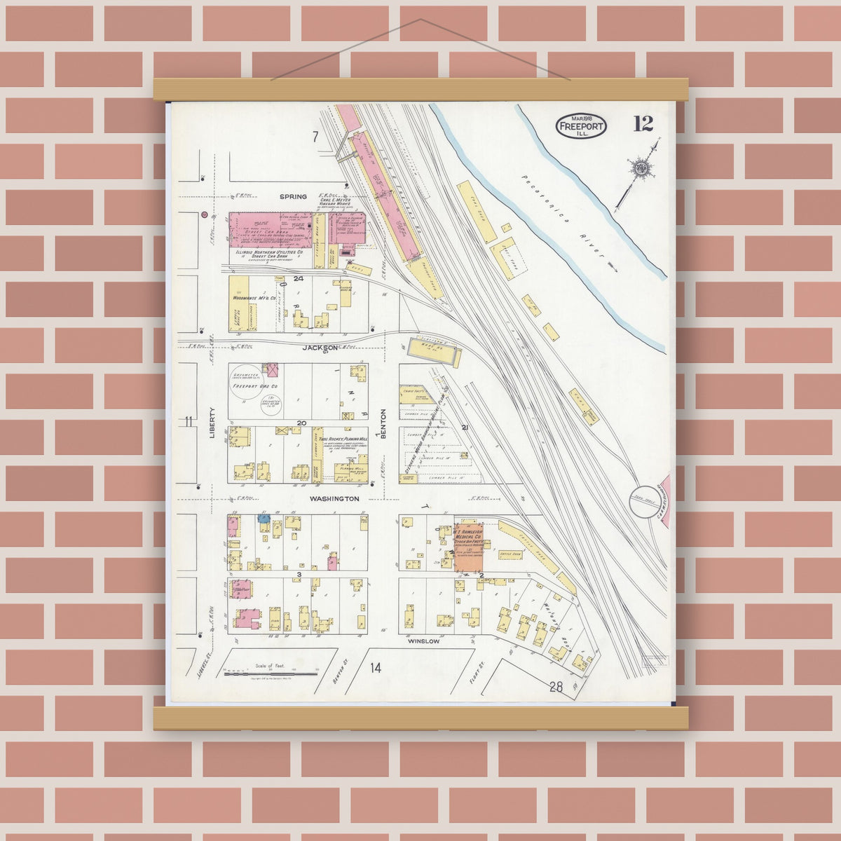 Old map wall art mockup — magnetic wood frame on brick wall — Sanborn Fire Insurance Map from Freeport, Stephenson County, Illinois (1918), Sheet #0012