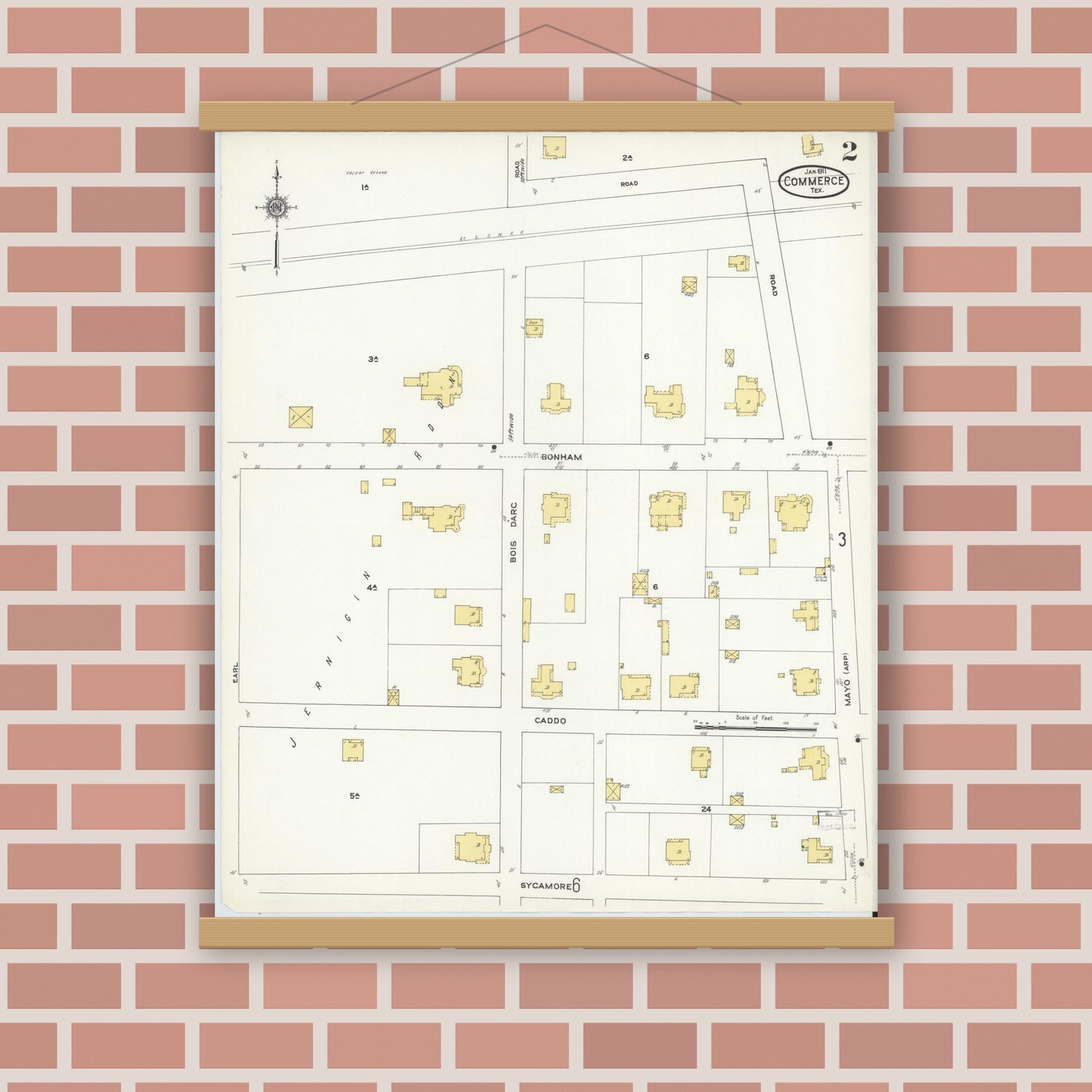 Old map wall art mockup — magnetic wood frame on brick wall — Sanborn Fire Insurance Map from Commerce, Hunt County, Texas (1911), Sheet #0002
