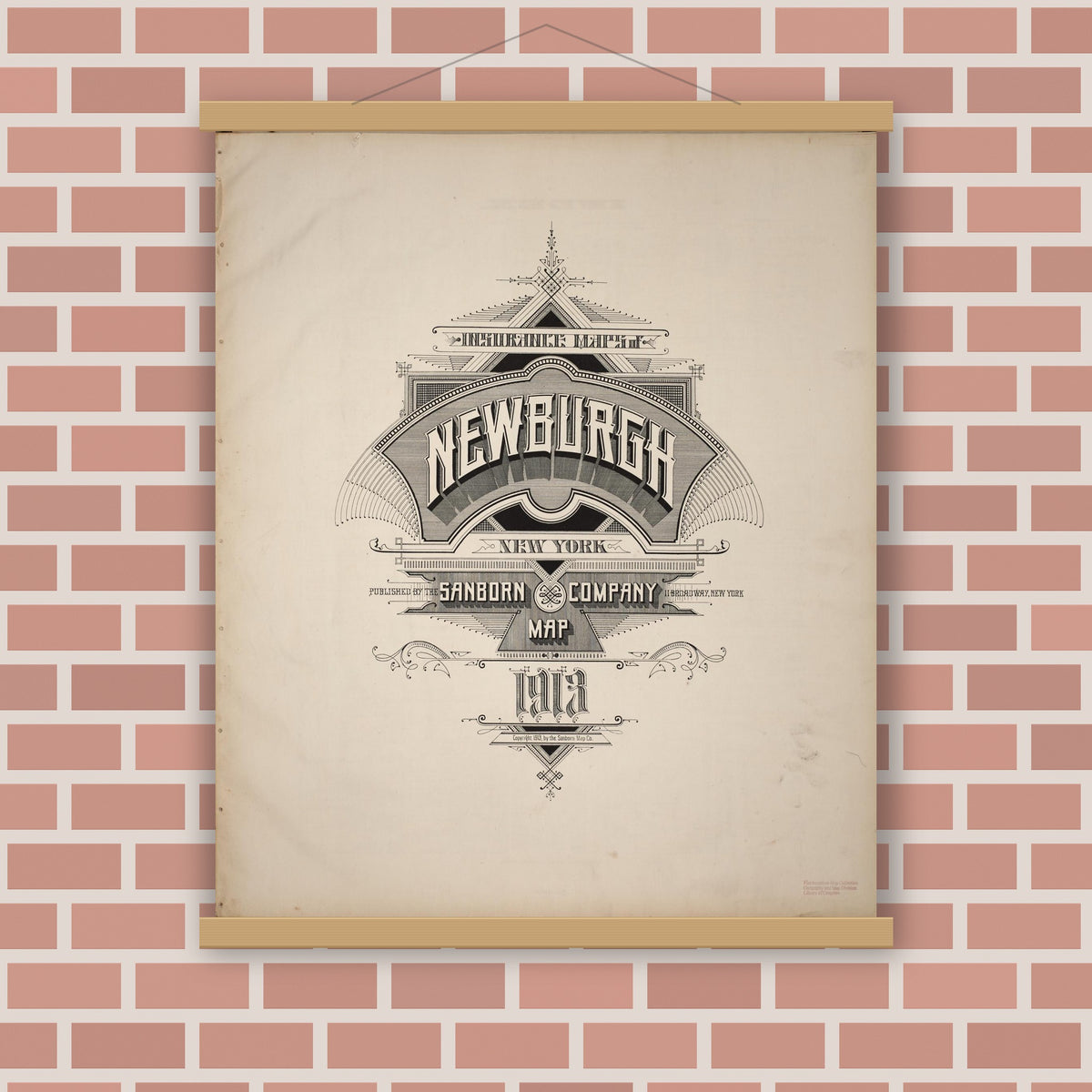 Old map wall art mockup — magnetic wood frame on brick wall — Sanborn Fire Insurance Map from Newburgh, Orange County, New York (1913), Sheet #0001
