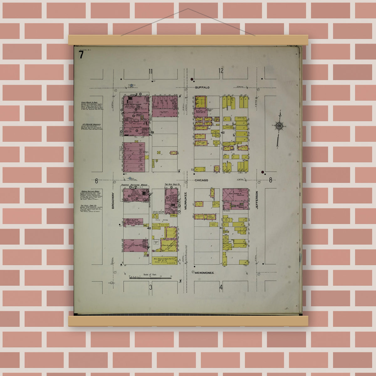 Old map wall art mockup — magnetic wood frame on brick wall — Sanborn Fire Insurance Map from Milwaukee, Milwaukee County, Wisconsin (1910), Sheet #0007