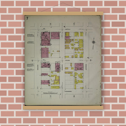 Old map wall art mockup — magnetic wood frame on brick wall — Sanborn Fire Insurance Map from Milwaukee, Milwaukee County, Wisconsin (1910), Sheet #0007