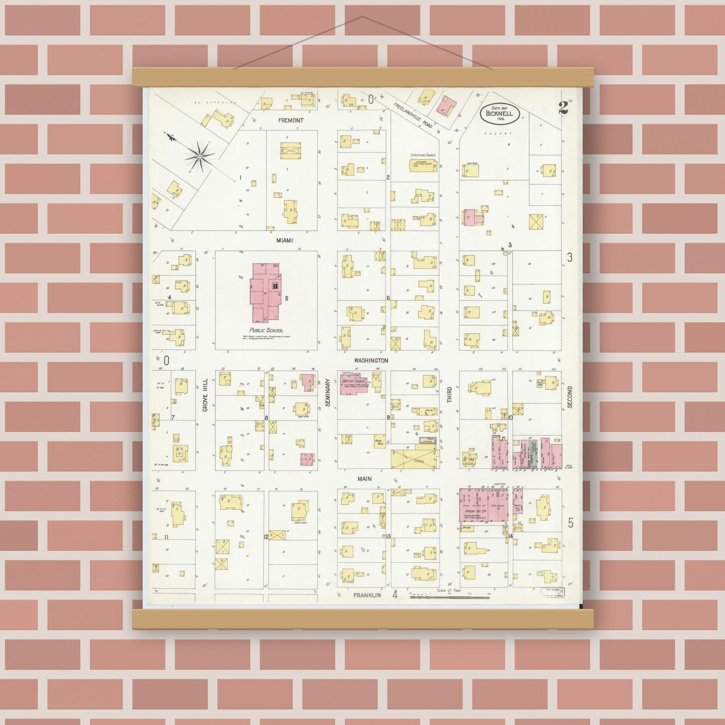 Old map wall art mockup — magnetic wood frame on brick wall — Sanborn Fire Insurance Map from Bicknell, Knox County, Indiana (1907), Sheet #0002