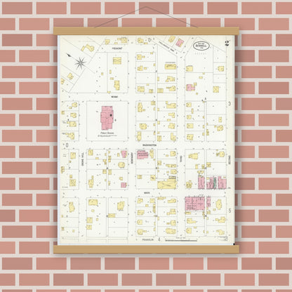 Old map wall art mockup — magnetic wood frame on brick wall — Sanborn Fire Insurance Map from Bicknell, Knox County, Indiana (1907), Sheet #0002