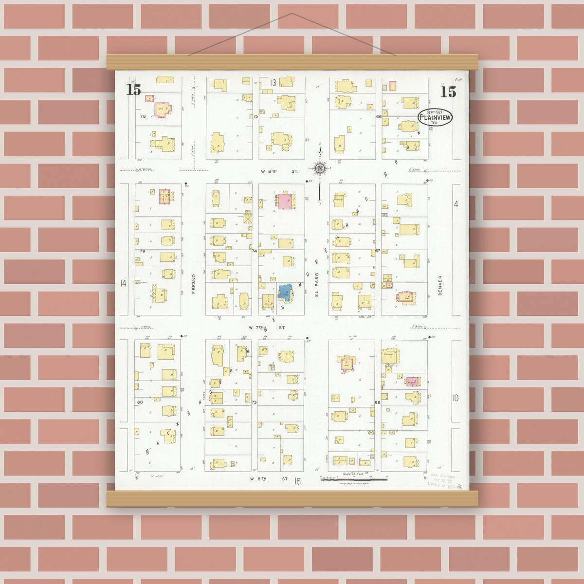 Old map wall art mockup — magnetic wood frame on brick wall — Sanborn Fire Insurance Map from Plainview, Hale County, Texas (1927), Sheet #0015