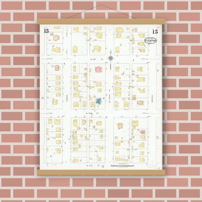Old map wall art mockup — magnetic wood frame on brick wall — Sanborn Fire Insurance Map from Plainview, Hale County, Texas (1927), Sheet #0015