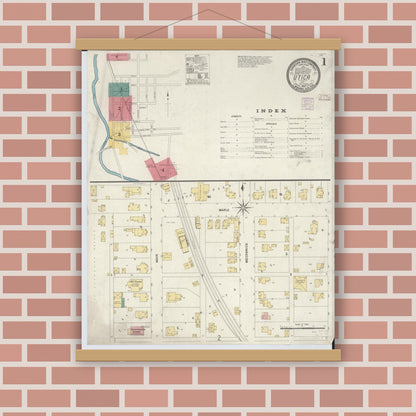 Old map wall art mockup — magnetic wood frame on brick wall — Sanborn Fire Insurance Map from Utica, Licking County, Ohio (1907), Sheet #0001