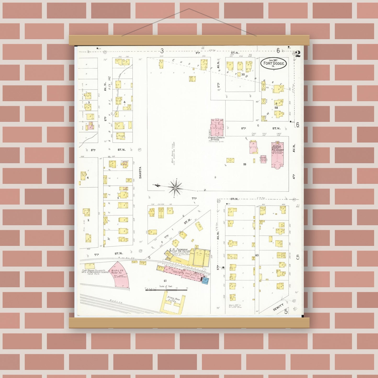 Old map wall art mockup — magnetic wood frame on brick wall — Sanborn Fire Insurance Map from Fort Dodge, Webster County, Iowa (1907), Sheet #0002