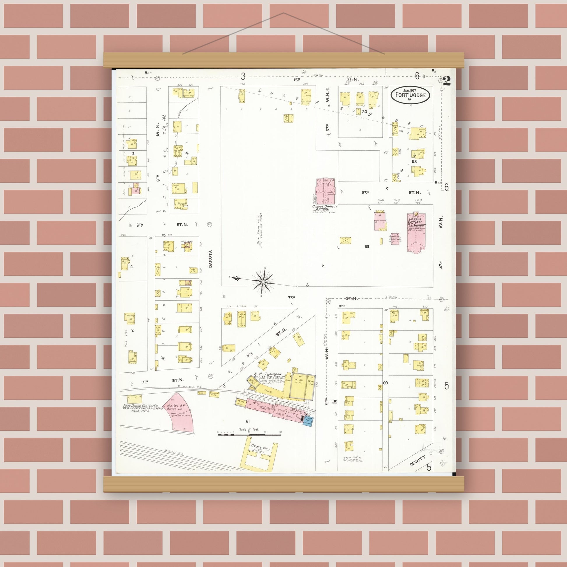 Old map wall art mockup — magnetic wood frame on brick wall — Sanborn Fire Insurance Map from Fort Dodge, Webster County, Iowa (1907), Sheet #0002