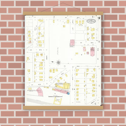 Old map wall art mockup — magnetic wood frame on brick wall — Sanborn Fire Insurance Map from Fort Dodge, Webster County, Iowa (1907), Sheet #0002