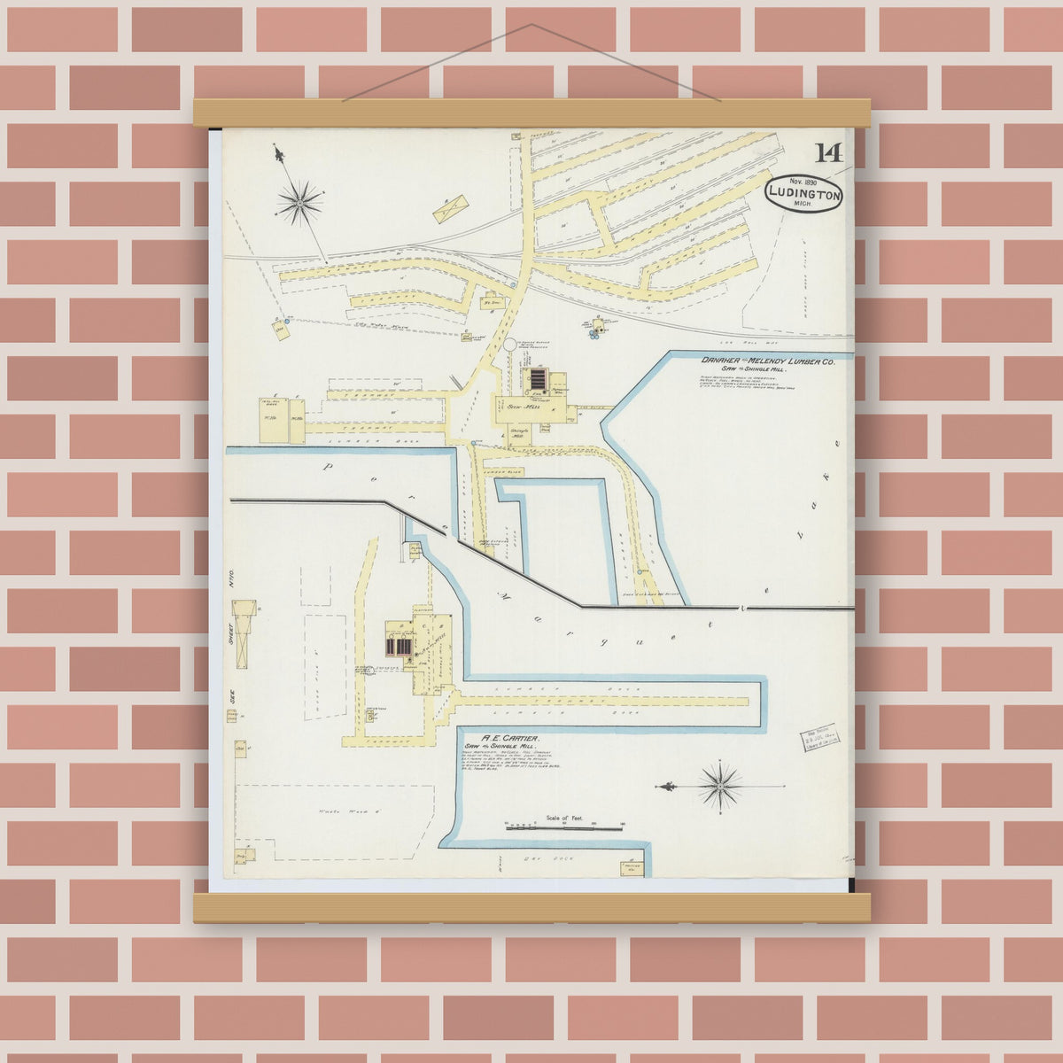 Old map wall art mockup — magnetic wood frame on brick wall — Sanborn Fire Insurance Map from Ludington, Mason County, Michigan (1890), Sheet #0014