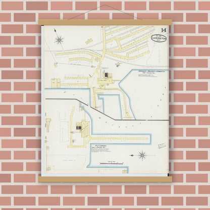 Old map wall art mockup — magnetic wood frame on brick wall — Sanborn Fire Insurance Map from Ludington, Mason County, Michigan (1890), Sheet #0014