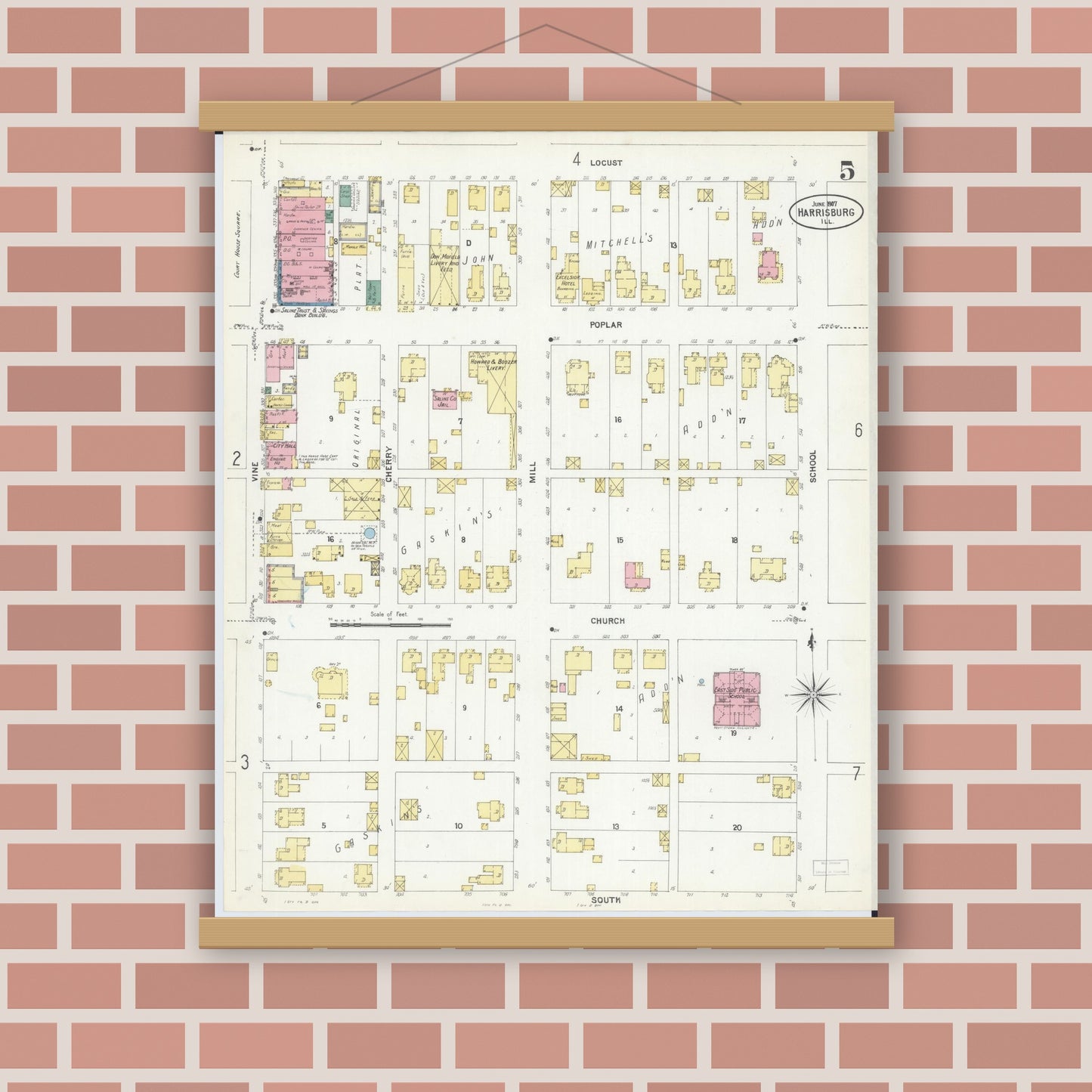 Old map wall art mockup — magnetic wood frame on brick wall — Sanborn Fire Insurance Map from Harrisburg, Saline County, Illinois (1907), Sheet #0005
