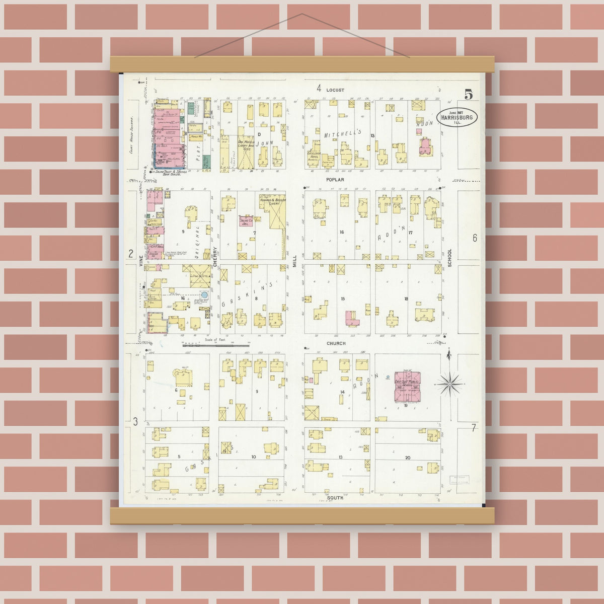 Old map wall art mockup — magnetic wood frame on brick wall — Sanborn Fire Insurance Map from Harrisburg, Saline County, Illinois (1907), Sheet #0005