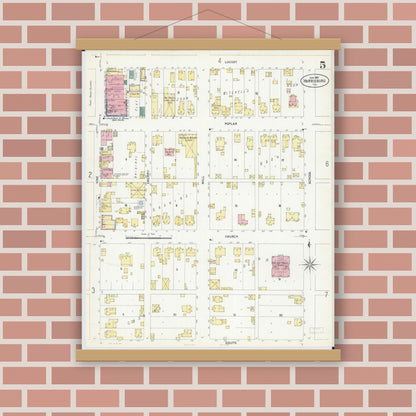 Old map wall art mockup — magnetic wood frame on brick wall — Sanborn Fire Insurance Map from Harrisburg, Saline County, Illinois (1907), Sheet #0005