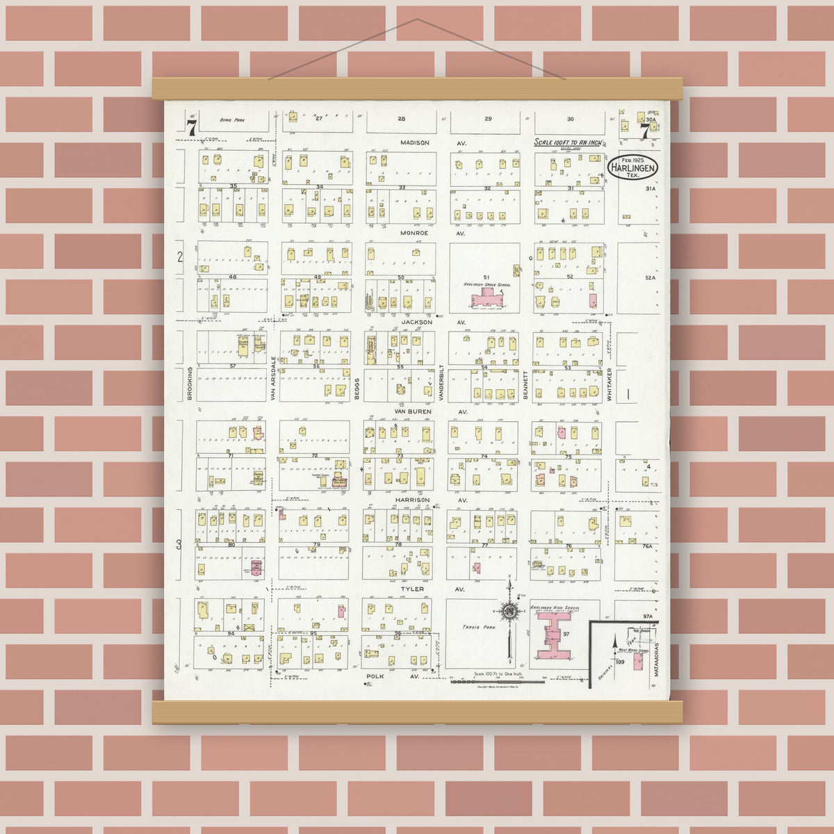 Old map wall art mockup — magnetic wood frame on brick wall — Sanborn Fire Insurance Map from Harlingen, Cameron County, Texas (1925), Sheet #0007