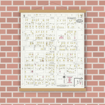 Old map wall art mockup — magnetic wood frame on brick wall — Sanborn Fire Insurance Map from Harlingen, Cameron County, Texas (1925), Sheet #0007