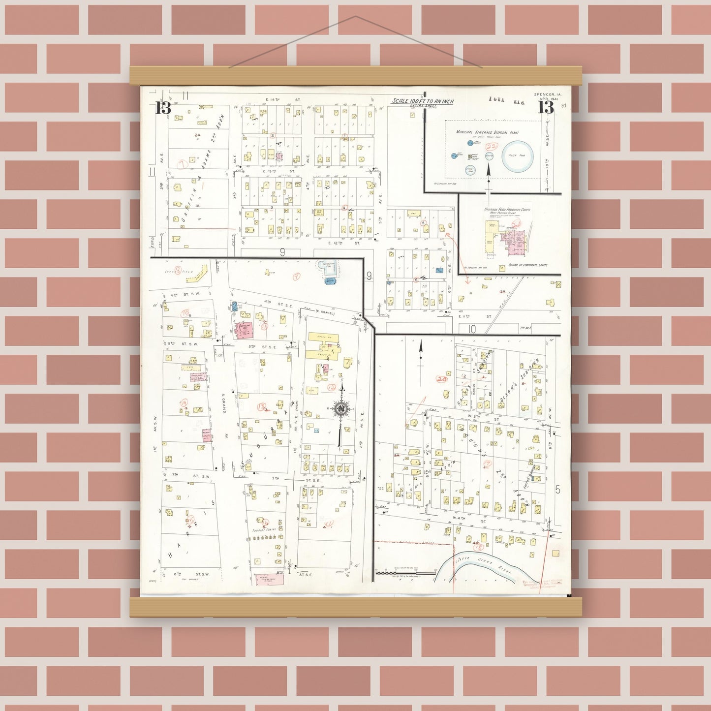 Old map wall art mockup — magnetic wood frame on brick wall — Sanborn Fire Insurance Map from Spencer, Clay County, Iowa (1946), Sheet #0013