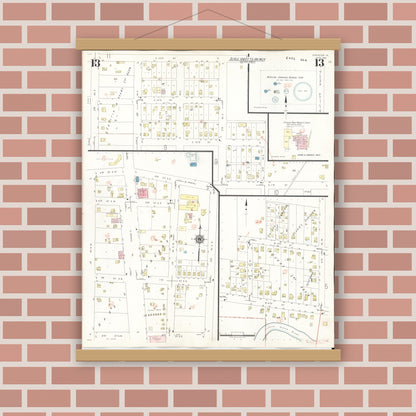 Old map wall art mockup — magnetic wood frame on brick wall — Sanborn Fire Insurance Map from Spencer, Clay County, Iowa (1946), Sheet #0013