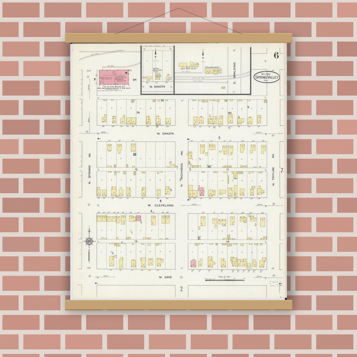 Old map wall art mockup — magnetic wood frame on brick wall — Sanborn Fire Insurance Map from Spring Valley, Bureau County, Illinois (1913), Sheet #0006