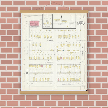 Old map wall art mockup — magnetic wood frame on brick wall — Sanborn Fire Insurance Map from Spring Valley, Bureau County, Illinois (1913), Sheet #0006